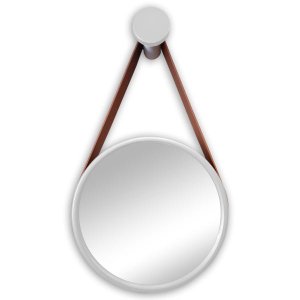 Espelho Redondo Adnet 37cm Branco com Suporte e Alça em Couro Ecológico Escandinavo Decorativo