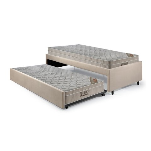 Bicama Box Solteiro Suede Bege 88x188 com Dois Colchões Airtech Molas Ensacadas Ortobom