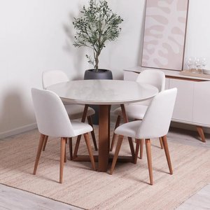 Conjunto de Jantar Mesa Redonda com Vidro Bennett 115 Cm 4 Cadeiras New Drop - Natural C/ Bege