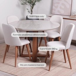 Conjunto de Jantar Mesa Redonda com Vidro Bennett 115 Cm 4 Cadeiras New Drop - Natural C/ Bege - 2