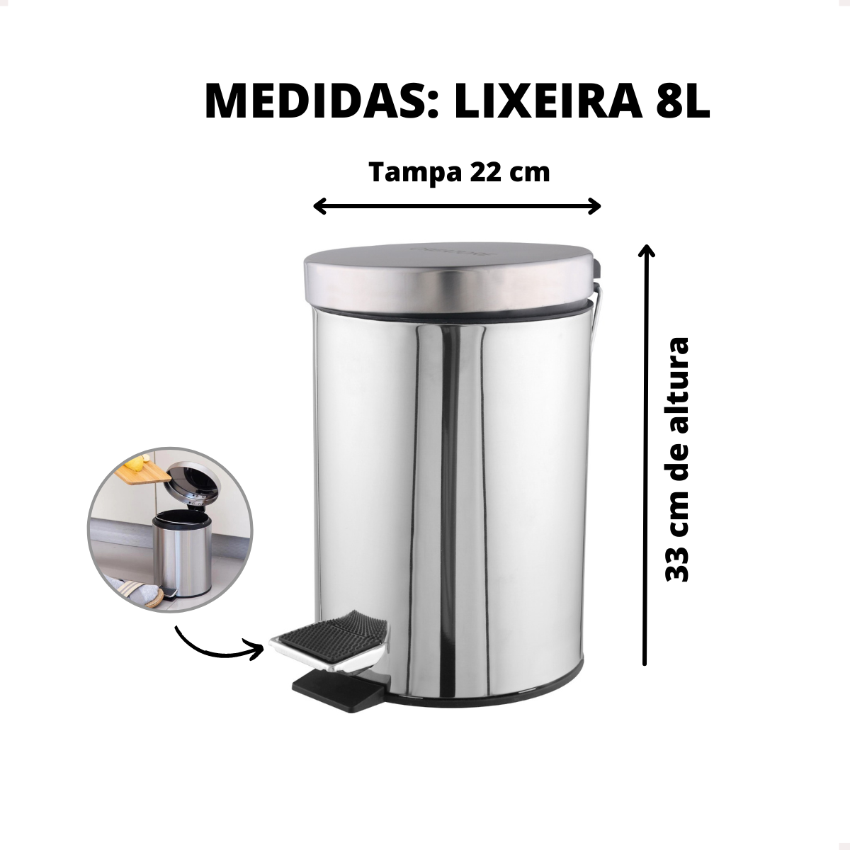 Lixeira Cozinha Banheiro Inox Pedal 8l Multiuso - 3