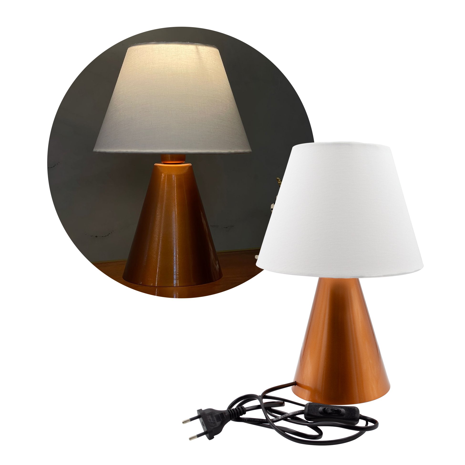 Abajur Luminária Cone de Cobre de Mesa com Cúpula Branco - Bivolt e ...