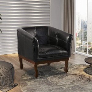 Poltrona Estofada Madeira Maciça Noah Couro Legítimo Scala Decor