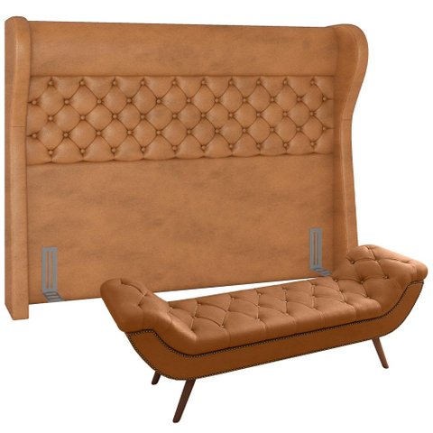 Kit Cabeceira Cama Box Queen 160 Cm Madrid com Puff Recamier Santorini Couríssimo Whisky - Lyam