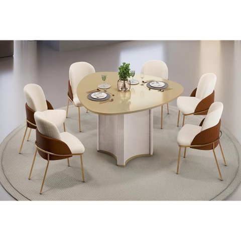 Mesa Cozinha Chanel C/ Tampo Madeirado C/ Vidro Orgânico 136x136cm e 6 Cadeiras Vitta Off White/
