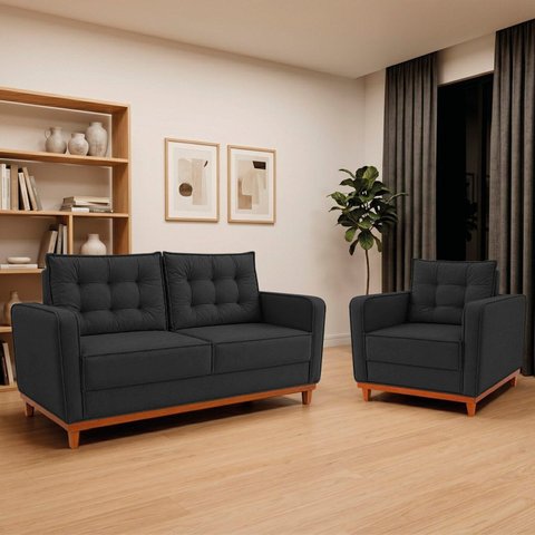 Kit Sofá 2 Lugares e 1 Poltrona Luxo Moderno Sala de Estar Suede Samuel