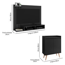 Kit Sala Painel Tv de até 48 Polegadas Dubai Com Nicho e Aparador Buffet Retrô 2 Portas Preto - 9