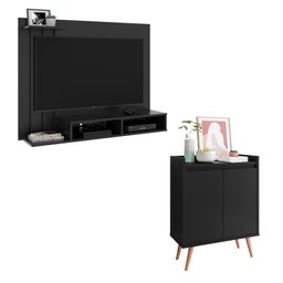 Kit Sala Painel Tv de até 48 Polegadas Dubai Com Nicho e Aparador Buffet Retrô 2 Portas Preto - 1
