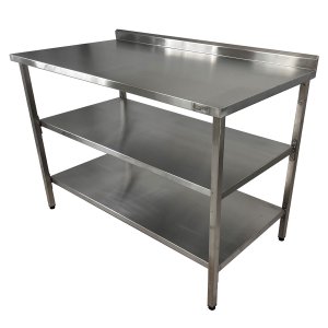 Mesa de Aço Inox Industrial 100x60x90 Cm com 2 Prateleiras Plano Liso com Espelho Nortinox Stander