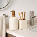 Ver imagem 2 de Kit Lavabo Elegance Bege em Cerâmica e Dispenser em Madeira – 2 Peças