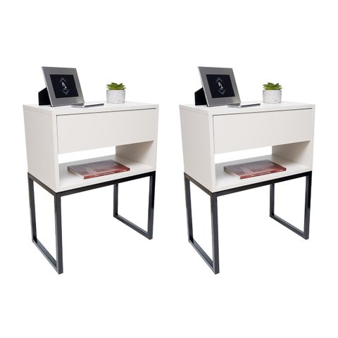 Kit 2 Mesas Cabeceira Industrial 40cm Off White Gaveta Superior Eco Base Metal Preto Lateral Cama