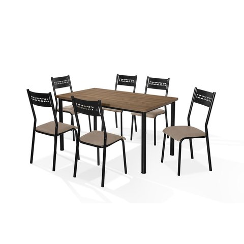 Mesa Jantar Jasmim 1,35x0,80 MDP c/6 Cadeiras Titanium Tampo Nogal Tubo Preto