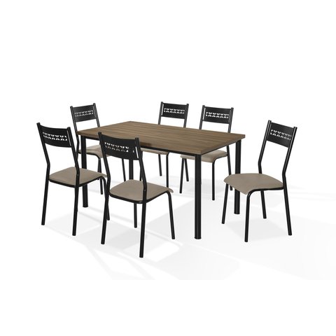 Mesa Jantar Jasmim 1,35x0,80 MDP c/6 Cadeiras Titanium Tampo Nogal Tubo Preto