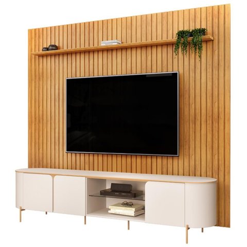 Rack para Sala Harper com Painel Ripado Lexa Tv 75 Pol D05 Cedro Off White - Lyam Decor