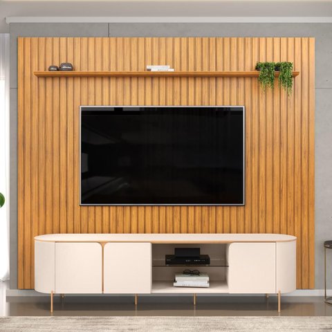 Rack para Sala Harper com Painel Ripado Lexa TV 75 pol D05 Cedro Off White - Lyam Decor