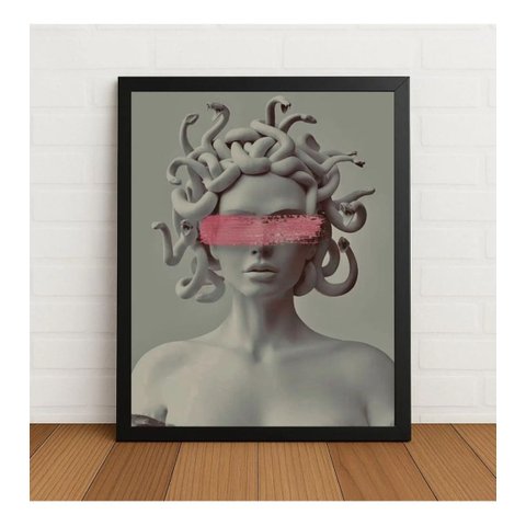 Quadro Decorativo Medusa Moderna Abstrata com Vidro Preto