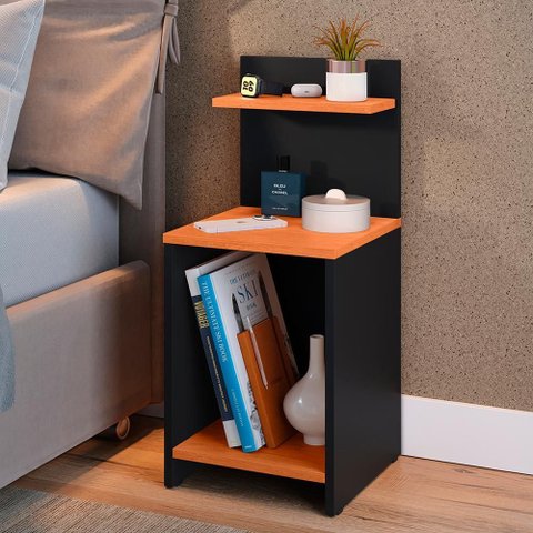 Mesa de Cabeceira para Quarto Nicho Prateleira Decorativa Porta Livros e Objetos Fantasy - Preto/ Ci