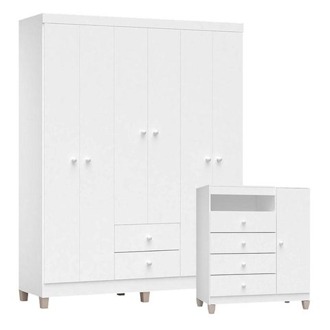 Cômoda e Guarda Roupa 6 Portas Ternura Baby Branco Brilho – Incorplac