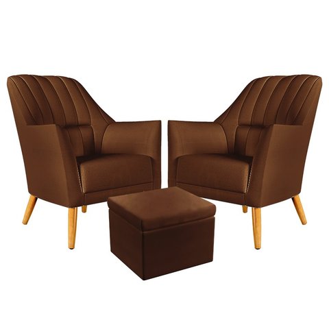 Kit 2 Poltronas Orion Bordada com Puff Quasar Courino Marrom Aradecor