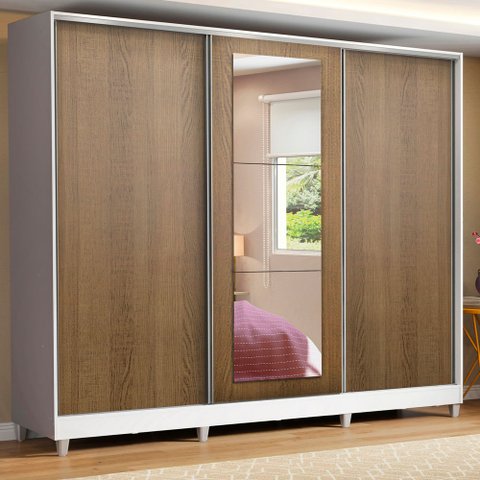 Guarda-Roupa Casal 100% MDF Madesa Eros 3 Portas de Correr com Espelho com Pés Branco/Rustic Cor:Bra