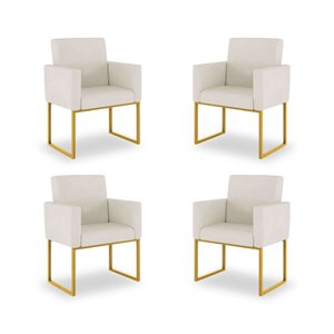 Kit 04 Poltronas Recepção Cor Bege - Base de Ferro Dourado