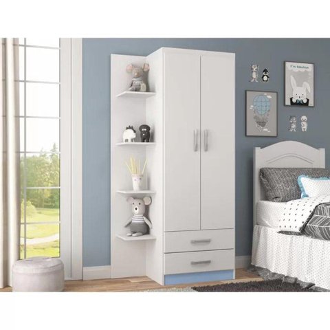 Guarda-roupa Infantil Atalaia 2 Portas 2 Gavetas com 4 Prateleiras Externas - Branco / Azul Branco