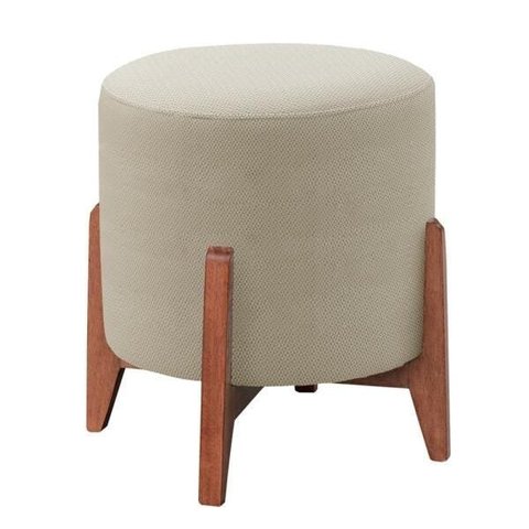 Puff Thor Luxo Banqueta Redonda Madeira Maciça - Tecido Linho Bege
