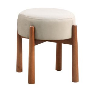 Puff Lotus Luxo Madeira Maciça Tecido Linho Bege Claro