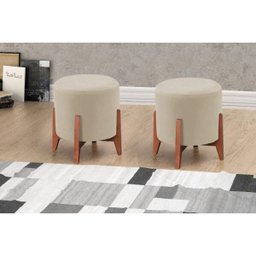 Puff Thor Luxo Madeira Maciça Veludo Bege Claro - 2