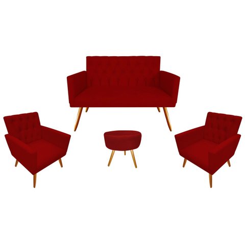 Kit Namoradeira + 2 Poltronas Decorativa Nina Capitonê + Puff Redondo Suede Vermelho Pés Madeira Mz 