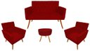 Ver imagem 1 de Kit Namoradeira + 2 Poltronas Decorativa Nina Capitonê + Puff Redondo Suede Vermelho Pés Madeira Mz 
