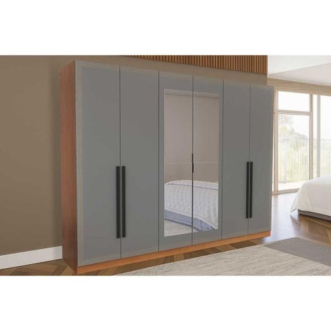Guarda Roupa 6 Portas (2 C/ Espelho) e 4 Gavetas Valência Freijo/cinza - Politorno