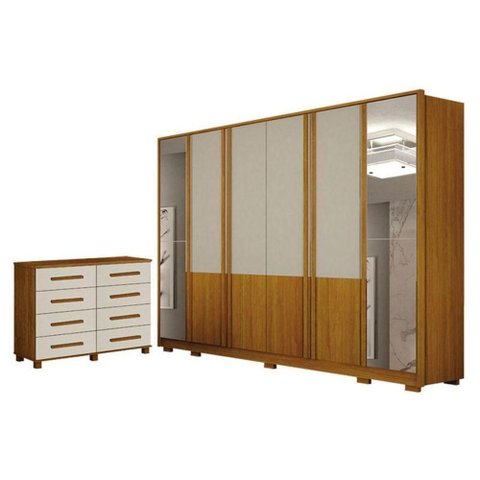 Guarda-Roupa Casal Urban 6 Portas c/ Espelho + Cômoda San Marino 8 Gav Cinamomo/Off White Leifer