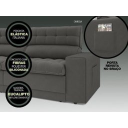 Sofá Omega 2,00M Assento Retrátil e Reclinável Velosuede Cinza - NetSofás - 5