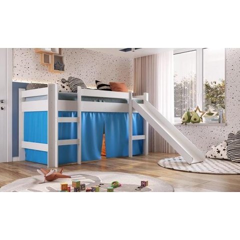 Cama Infantil Elevada C/ Escorregador sem Colchão 202cm Branco/azul Linha Bb Bb1000 Completa Móveis