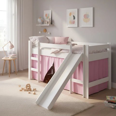 Cama Infantil Elevada Playground com Escorregador sem Colchao Rosa - Completa