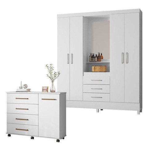 Cômoda Flora e Guarda Roupa Casal Capelinha Pérsia Branco Flex - Demóbile