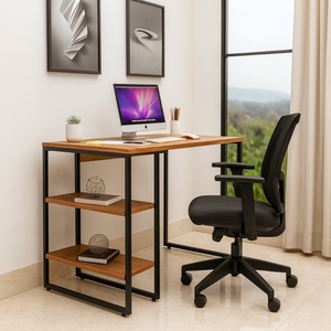 Mesa Escrivaninha Estilo Industrial com Prateleiras 100x50cm Mdf Premium Freijó e Aço Cor Preto