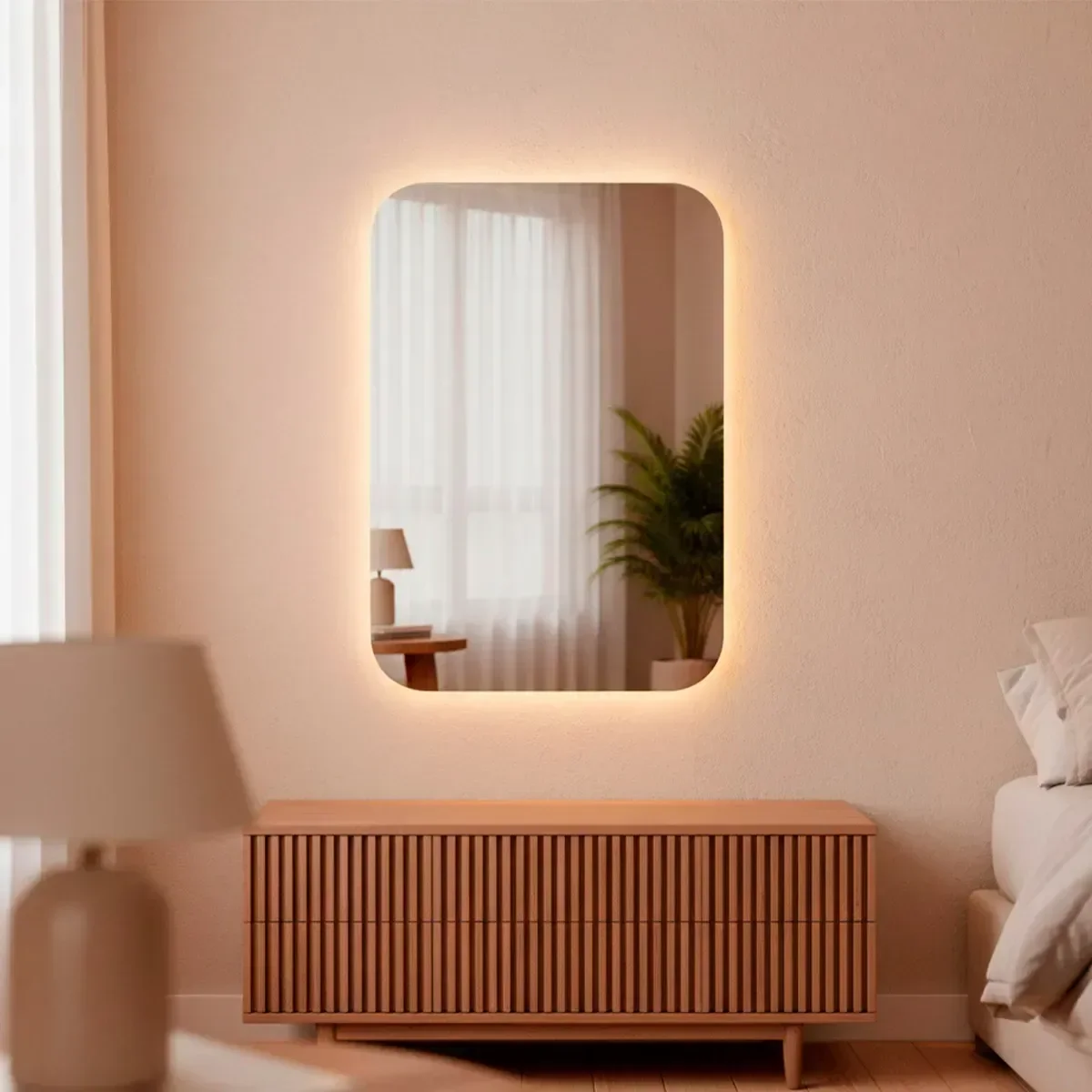 Ver imagem 1 de Espelho Decorativo de Parede Orgânico com Led Frio Retangular 55x75 para Sala Quarto Banheiro Hall