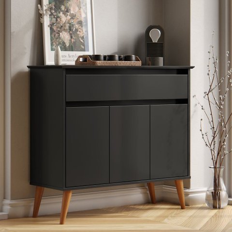 Aparador Buffet Zeus EJ Móveis 93cm 3 Portas Gaveta Sala de Jantar MDF: Preto