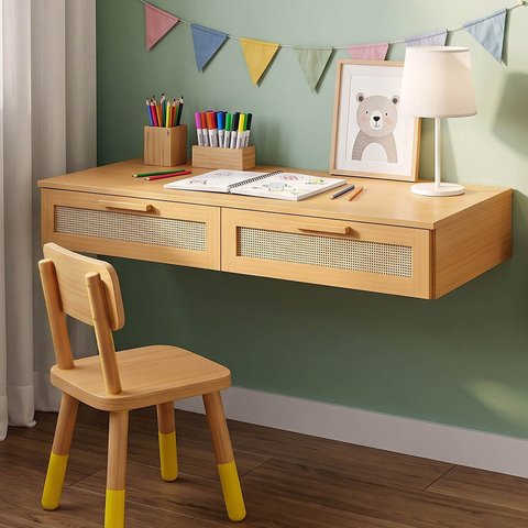 Escrivaninha Suspensa 120cm Madeira Maciça e Rattan Magna Kids Casatema MadeiraOriginals Marrom