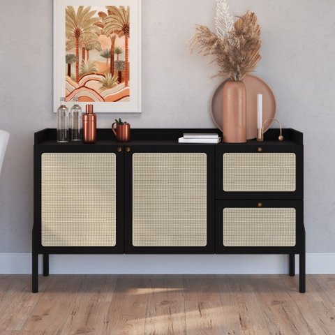 Balcão Buffet Oslo 139cm 2 Portas 2 Gavetas Base em Madeira Mdp Hanover ou Nero - Artesano