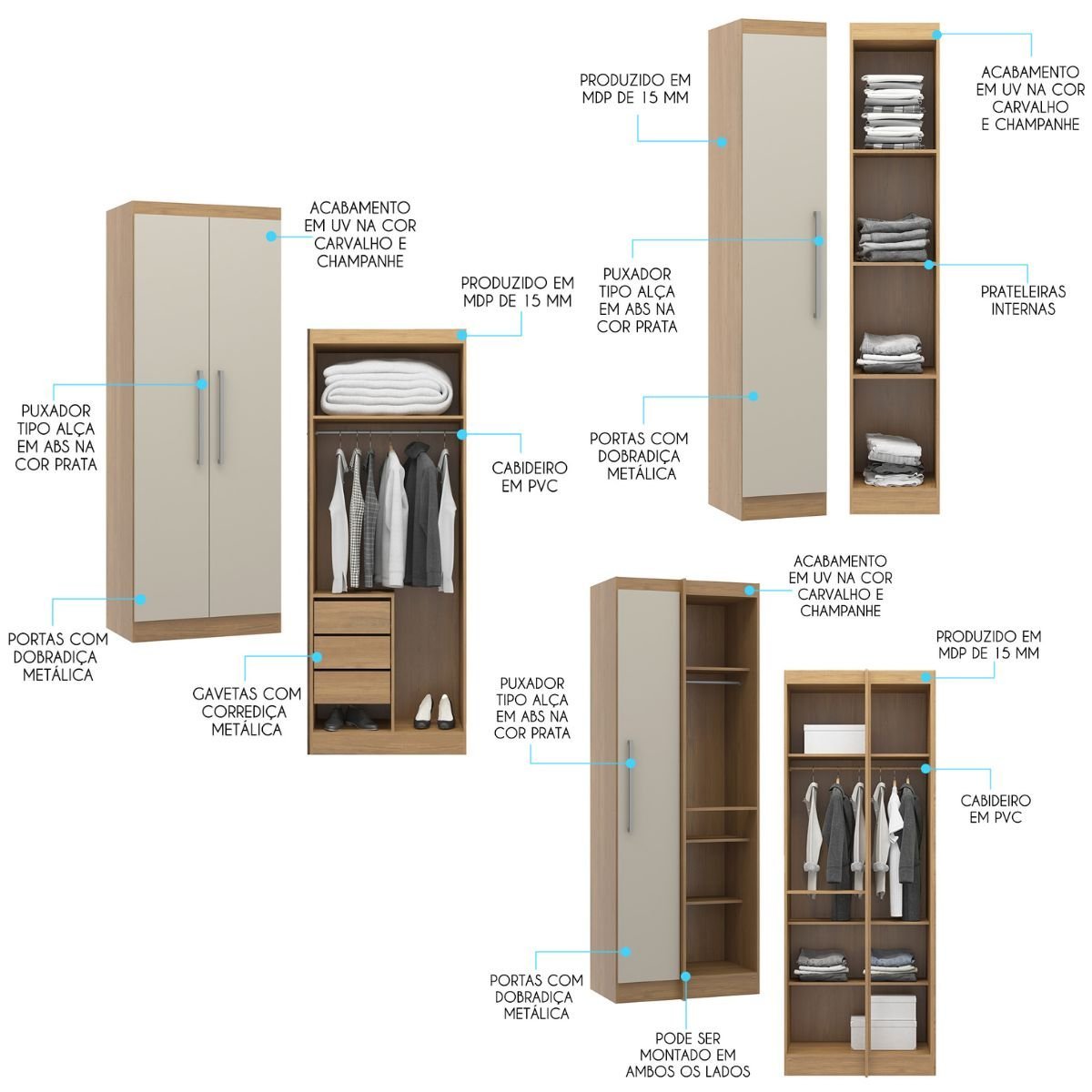 Guarda Roupa de Canto Grande Modulado Selene 166/240x218 Cm 5 Peças MDP Carvalho Champanhe MENU - 4