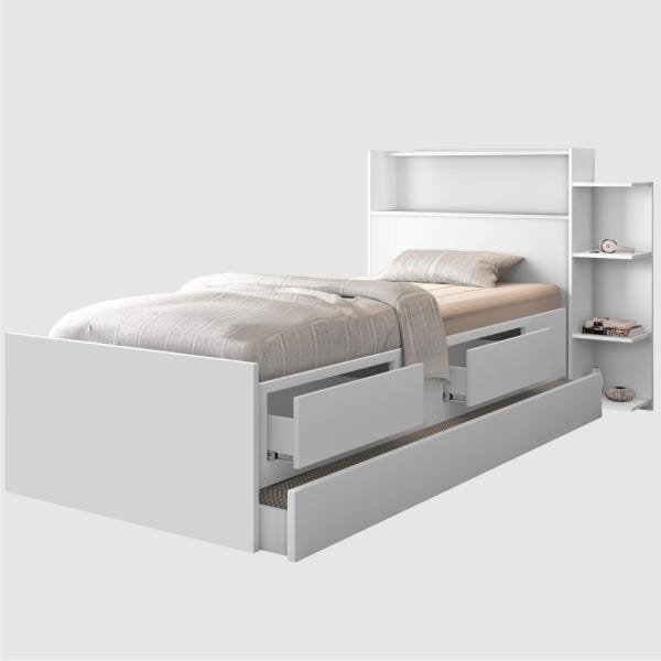 Cama com Auxiliar Solteiro Gavetas e Baú Branco - 2