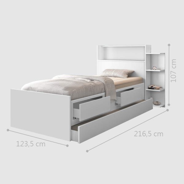 Cama com Auxiliar Solteiro Gavetas e Baú Branco - 3