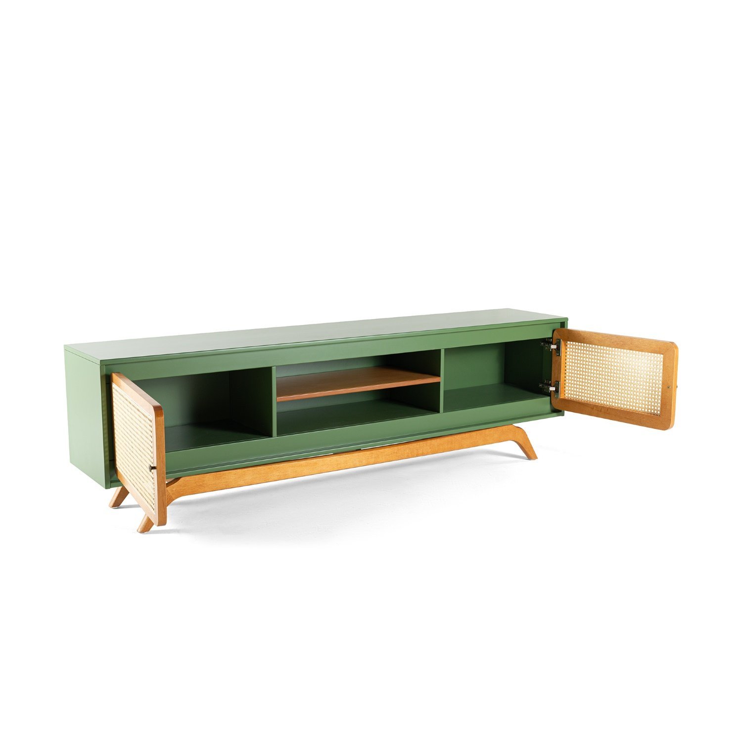 Rack Sala Tv até 75 Polegadas Ricco 180 Cm Laca Portas Palhinha Verde - 8