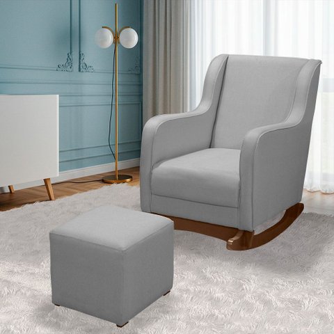 Poltrona de Amamentação com Balanço Linho Cinza com Puff Aquila Plus