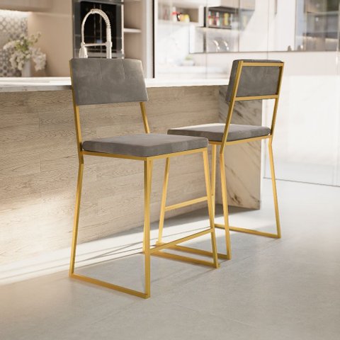 Kit 4 Banquetas Média Balcão Estofada com Encosto Dourada Suede Dubai