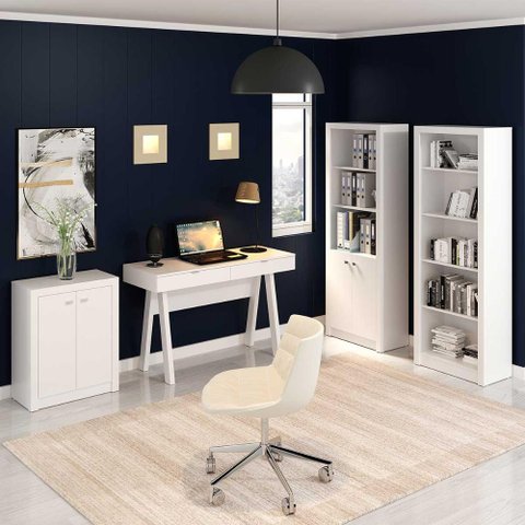 Kit para Escritório com Mesa Escrivaninha Estantes e Balcão Cor:branco