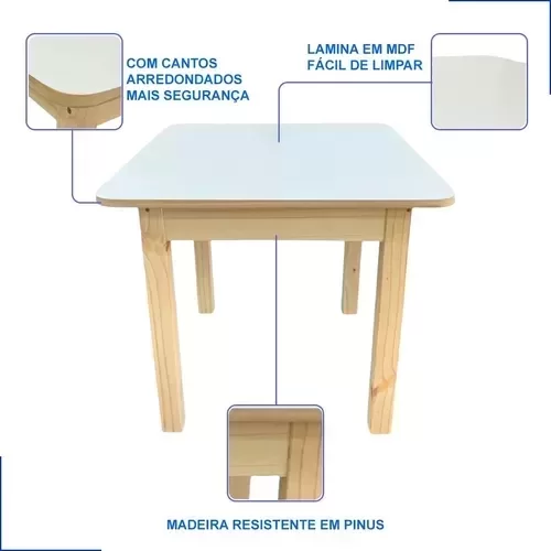 Conjunto Mesa Mesinha Quadrada Infantil Educativa Atividades de Madeira Maciça Resistente 1 Cadeira - 8